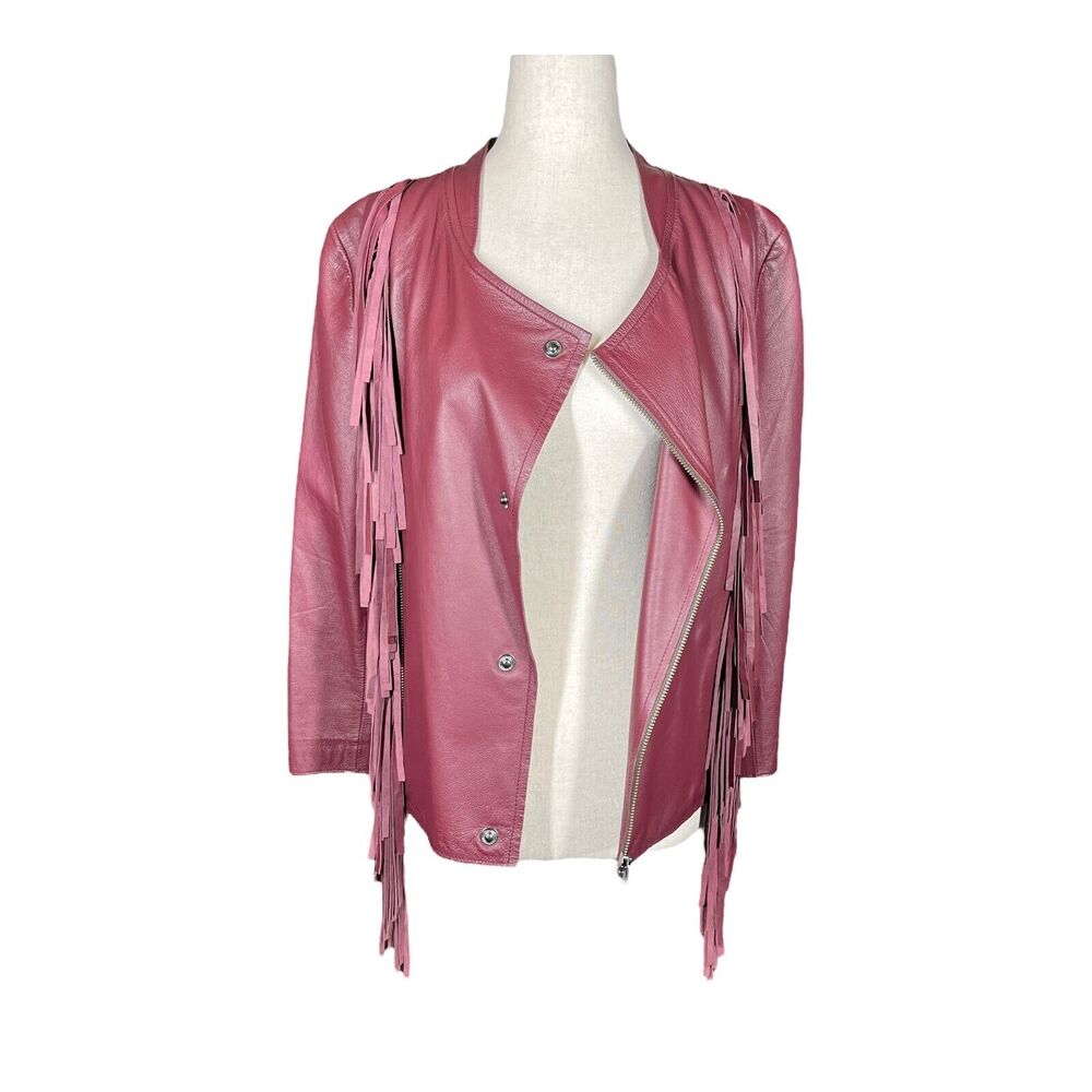 Cleobella Everly‎ Fringe Moto 100% Genuine Sheep Leather Jacket Burgundy Red L